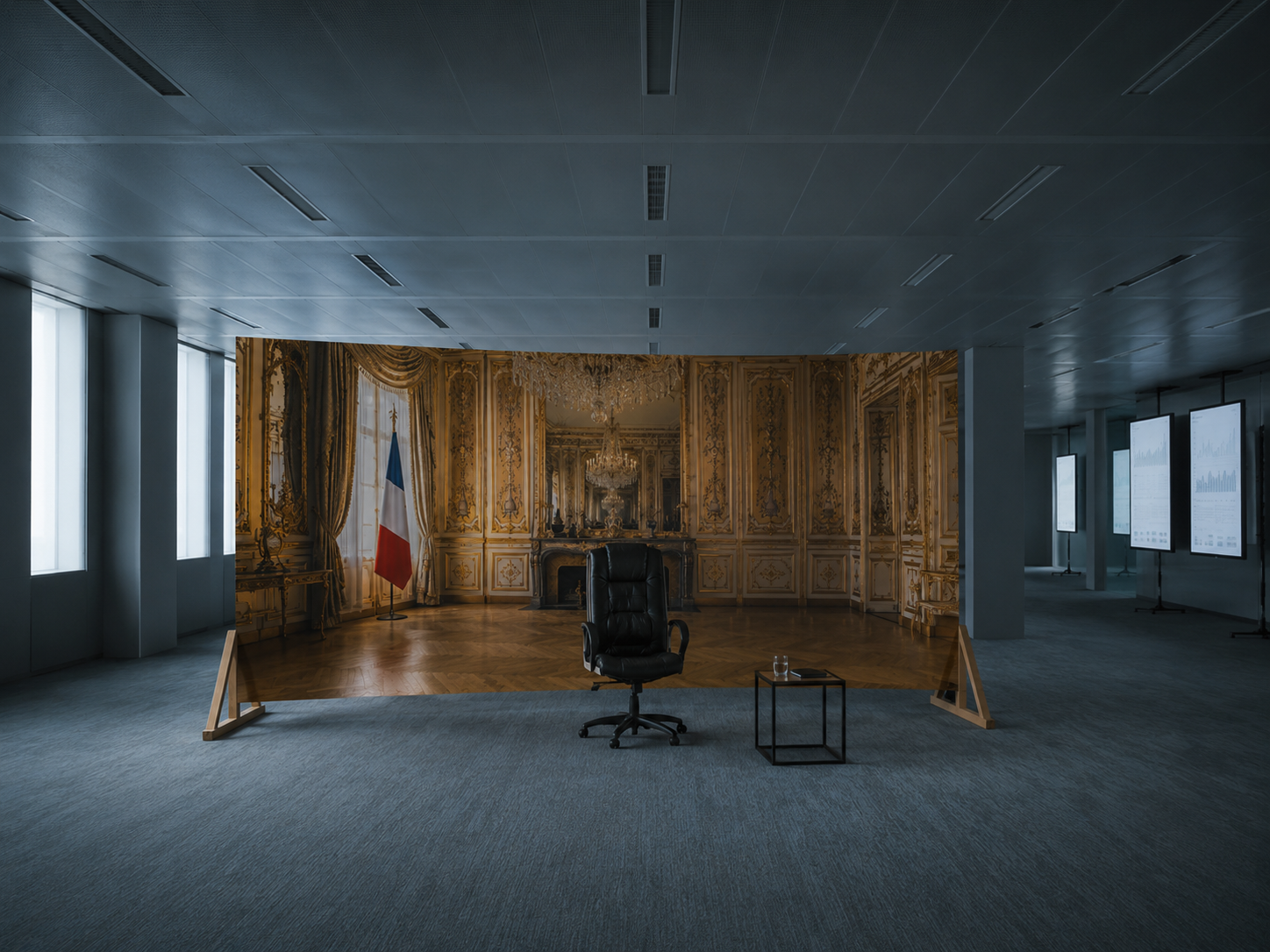 Acte II — Bureau présidentiel installé dans un open space contemporain. Décor de Gilberte.